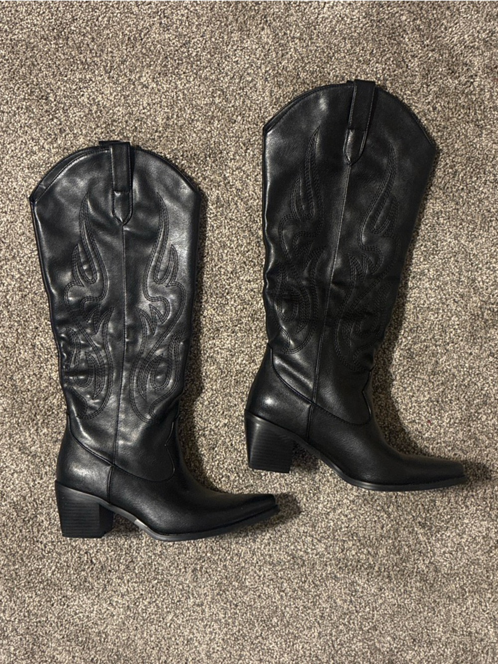 Men's Black Western Tall Leather Boots - Stylish Pull-On Cowboy Heels